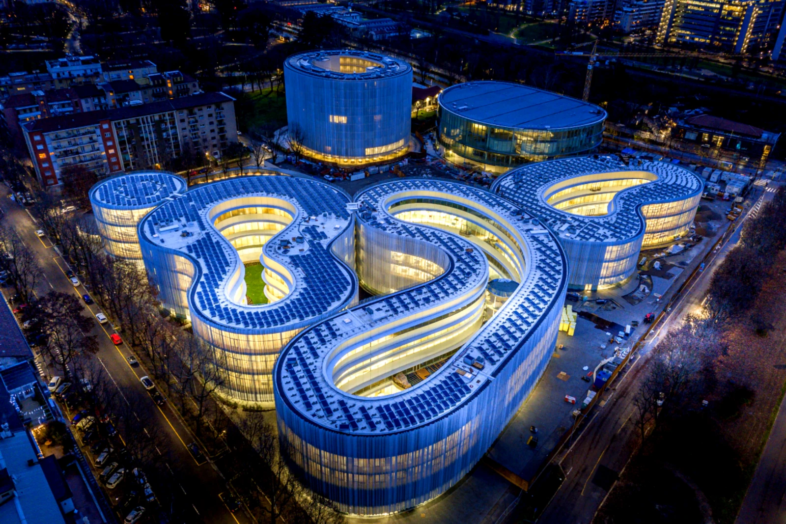 Aerial view of the Bocconi campus at dusk